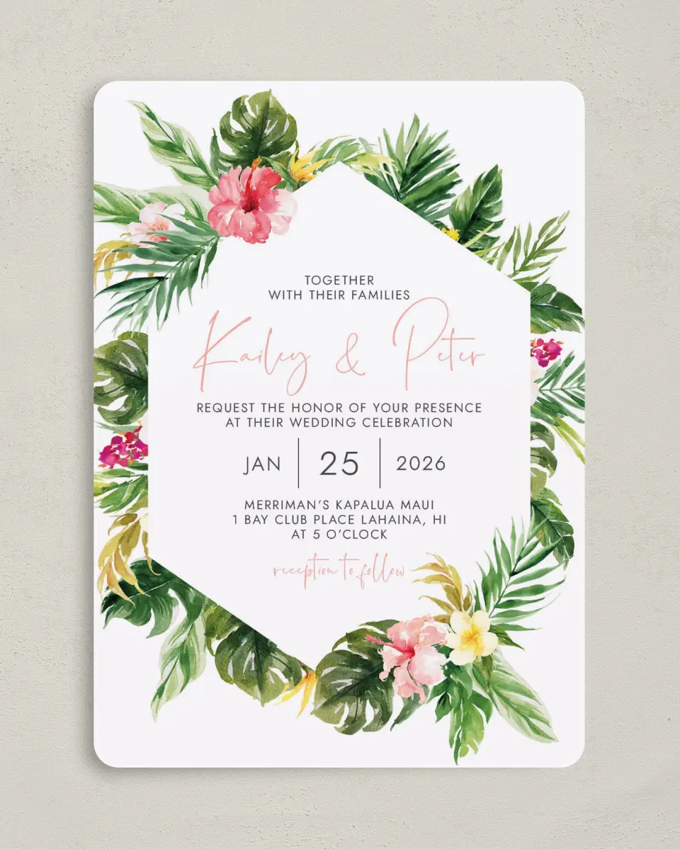This is a 5" x 7" Rounded Wedding Invitation called Perfect Paradise printed in full color on Premium Smooth paper