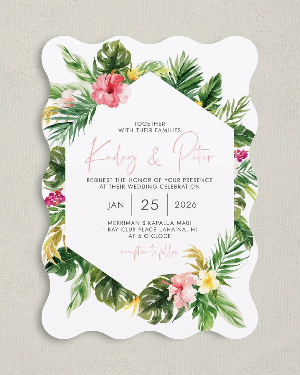This is a 5" x 7" Wavy Wedding Invitation called Perfect Paradise printed in full color on Premium Smooth paper