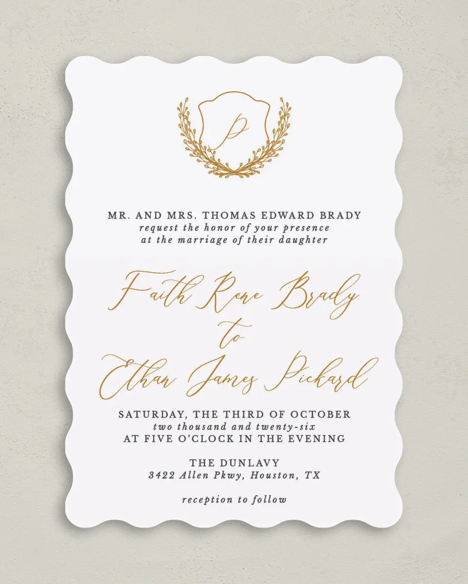 This is a 5" x 7" Wavy Wedding Invitation called Beloved Crest printed in full color on Premium Smooth paper