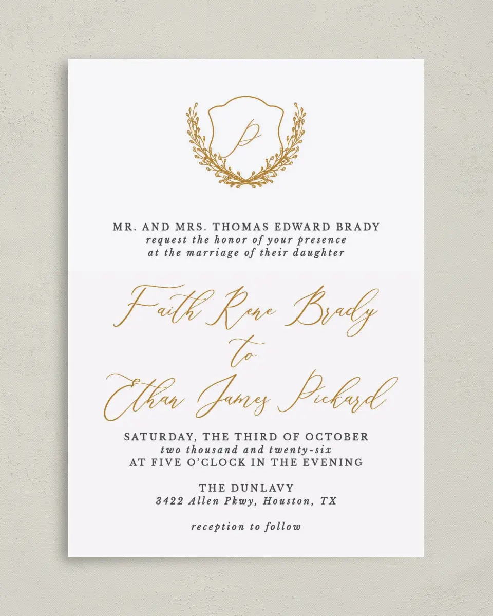 This is a 5" x 7" Classic Wedding Invitation called Beloved Crest printed in full color on Premium Smooth paper