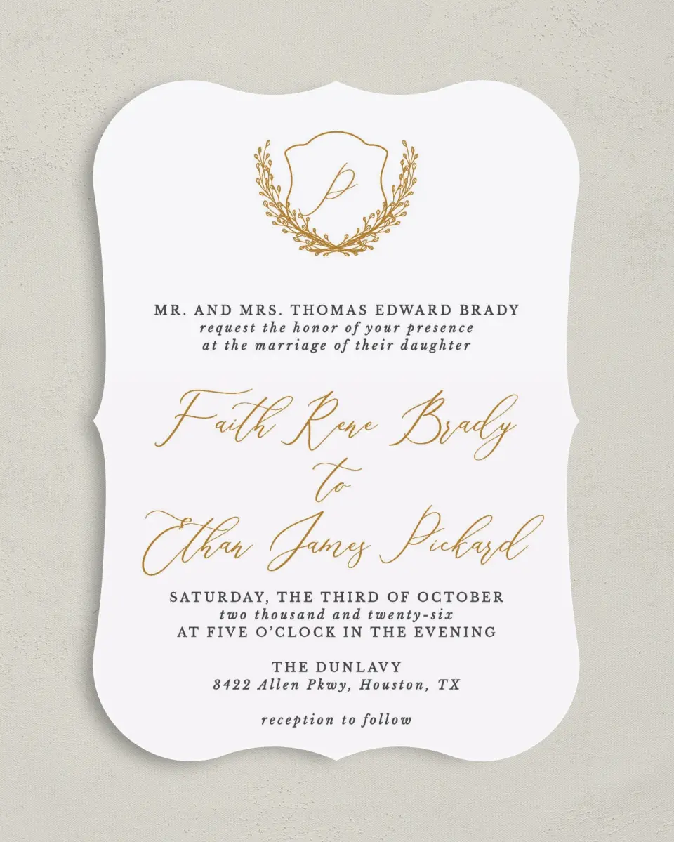 This is a 5" x 7" Bracket Wedding Invitation called Beloved Crest printed in full color on Premium Smooth paper