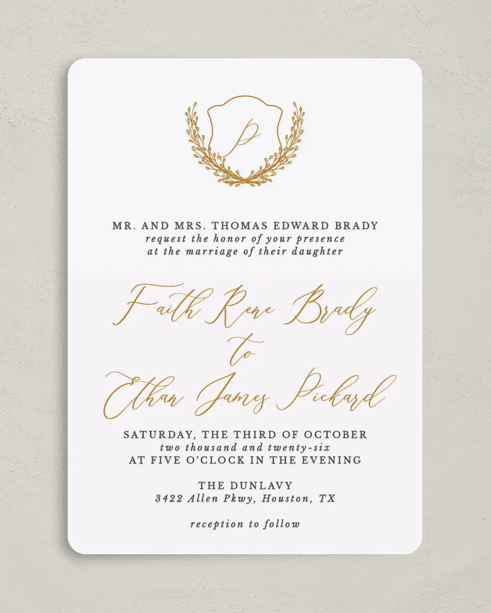 This is a 5" x 7" Rounded Wedding Invitation called Beloved Crest printed in full color on Premium Smooth paper