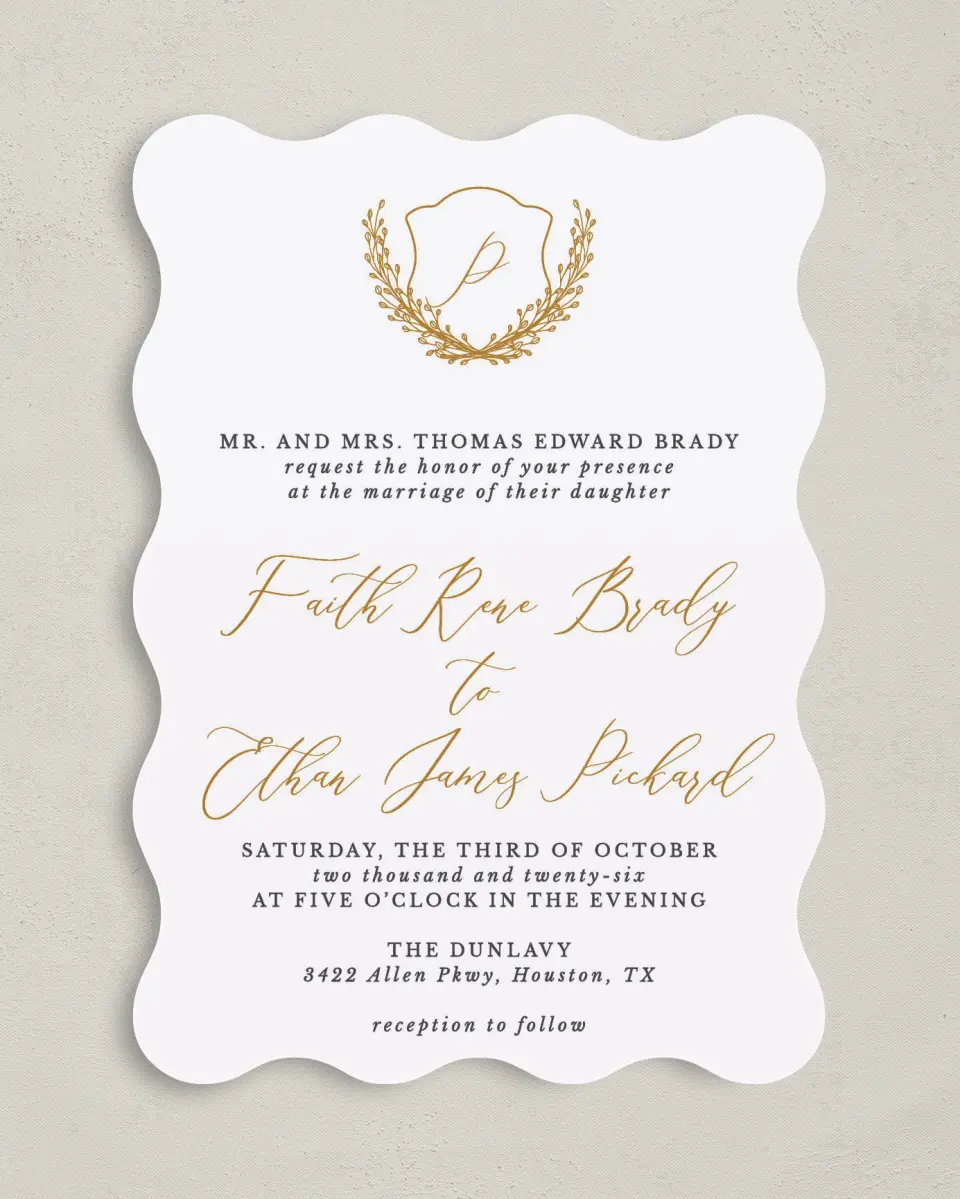 This is a 5" x 7" Wavy Wedding Invitation called Beloved Crest printed in full color on Premium Smooth paper