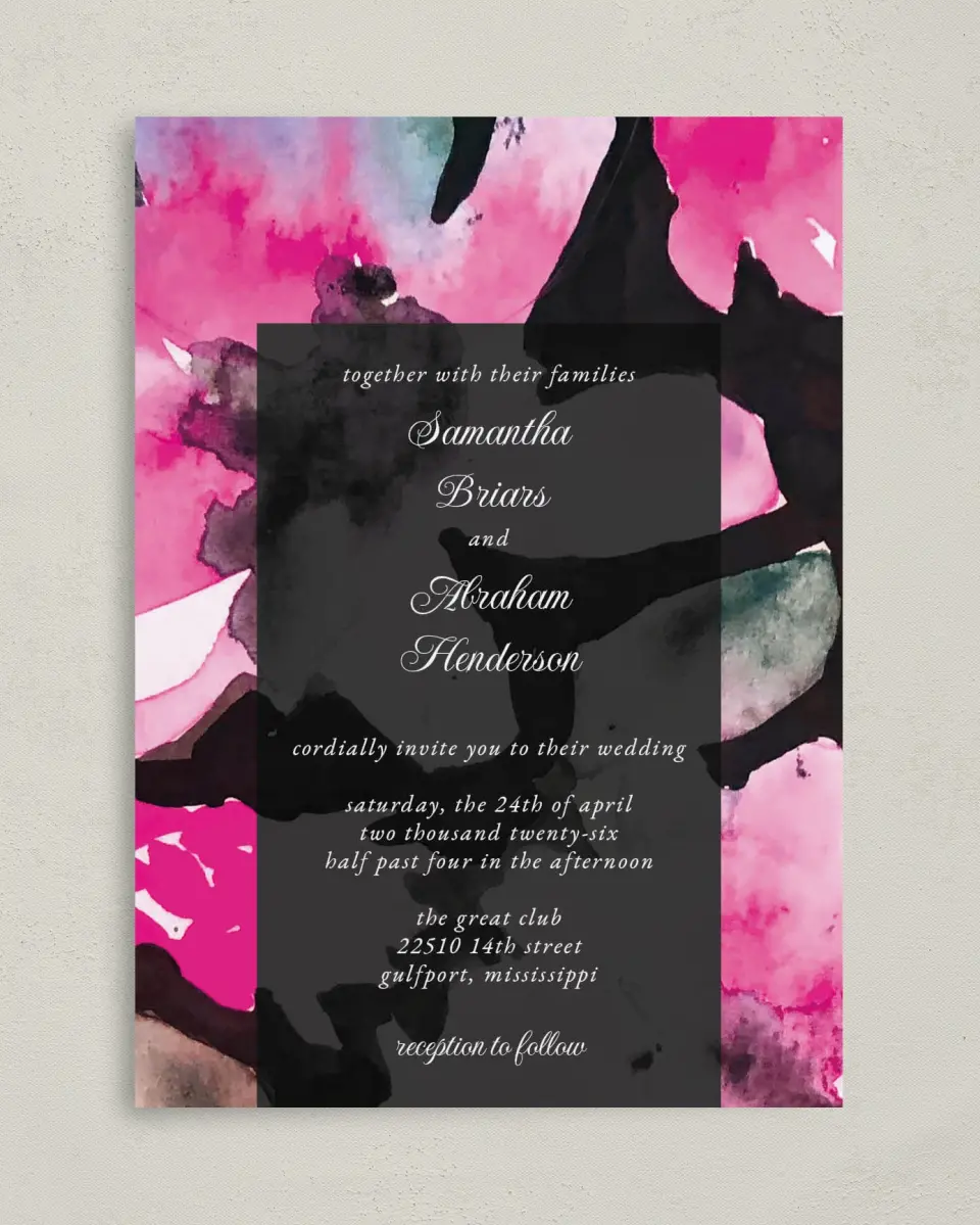 This is a 5" x 7" Classic Wedding Invitation called Dark Blooms printed in full color on Premium Smooth paper