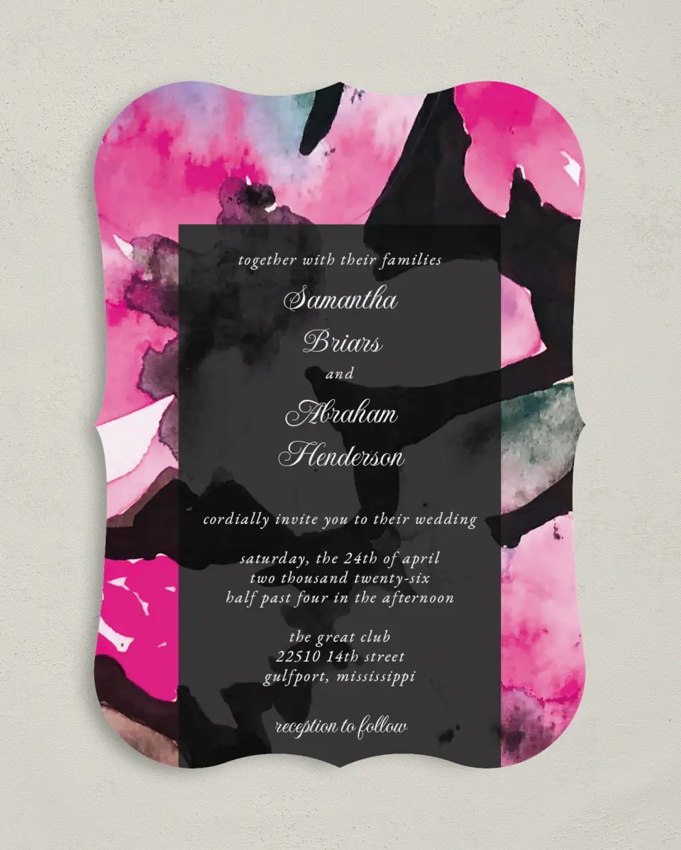 This is a 5" x 7" Bracket Wedding Invitation called Dark Blooms printed in full color on Premium Smooth paper