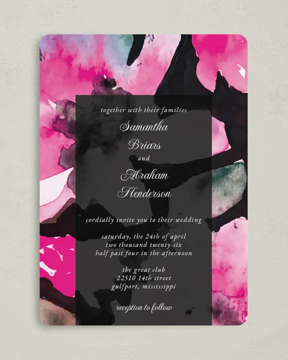 This is a 5" x 7" Rounded Wedding Invitation called Dark Blooms printed in full color on Premium Smooth paper