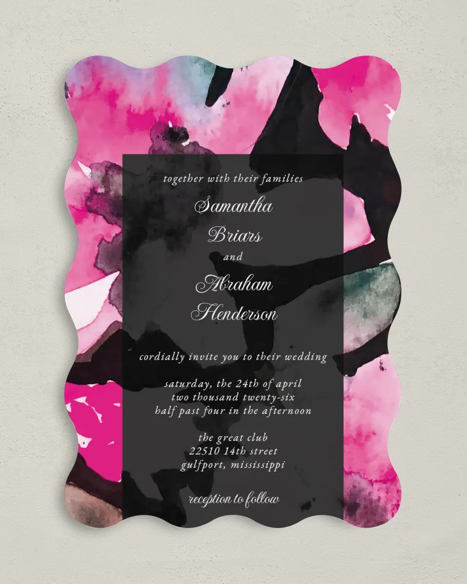 This is a 5" x 7" Wavy Wedding Invitation called Dark Blooms printed in full color on Premium Smooth paper