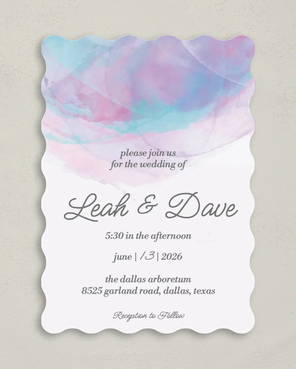 This is a 5" x 7" Wavy Wedding Invitation called Joyful Enchantment printed in full color on Premium Smooth paper