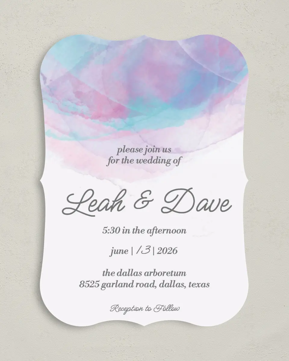 This is a 5" x 7" Bracket Wedding Invitation called Joyful Enchantment printed in full color on Premium Smooth paper