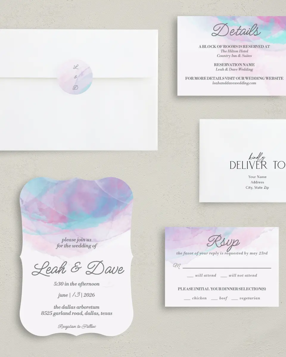 This is a 5" x 7" Bracket Wedding Invitation called Joyful Enchantment printed in full color with Silver foil on Luxe Satin (coated) paper