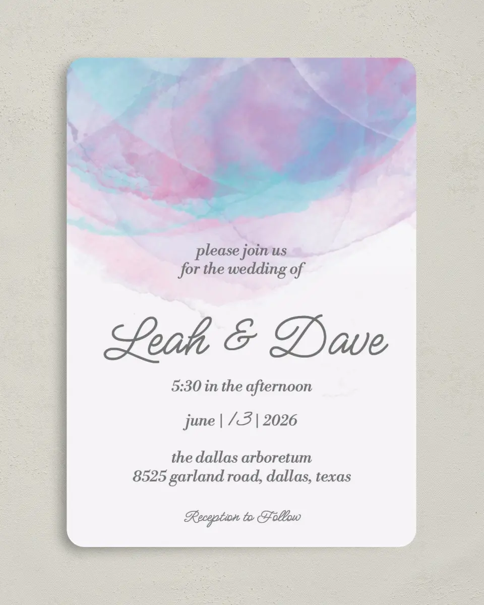 This is a 5" x 7" Rounded Wedding Invitation called Joyful Enchantment printed in full color on Premium Smooth paper