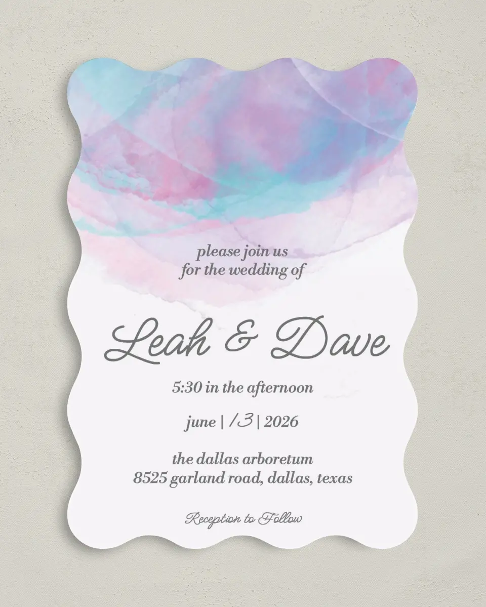 This is a 5" x 7" Wavy Wedding Invitation called Joyful Enchantment printed in full color on Premium Smooth paper