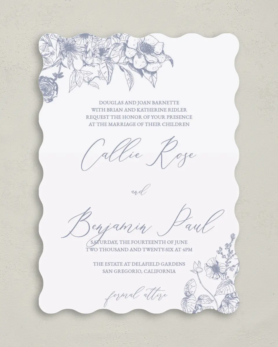 This is a 5" x 7" Wavy Wedding Invitation called Gentle Bouquet printed in full color on Premium Smooth paper