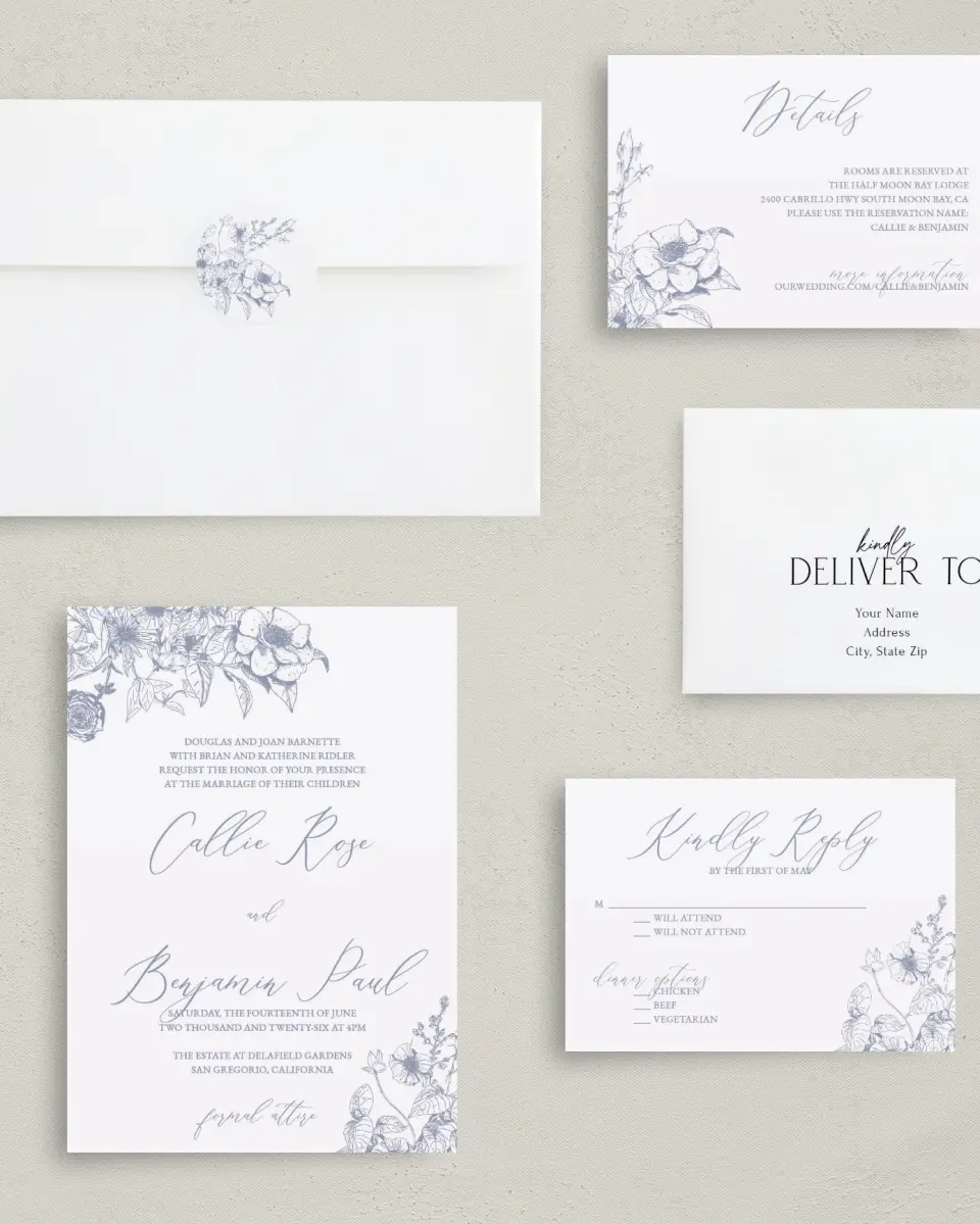 This is a 5" x 7" Classic Wedding Invitation called Gentle Bouquet printed in full color with Gold foil on Luxe Satin (coated) paper