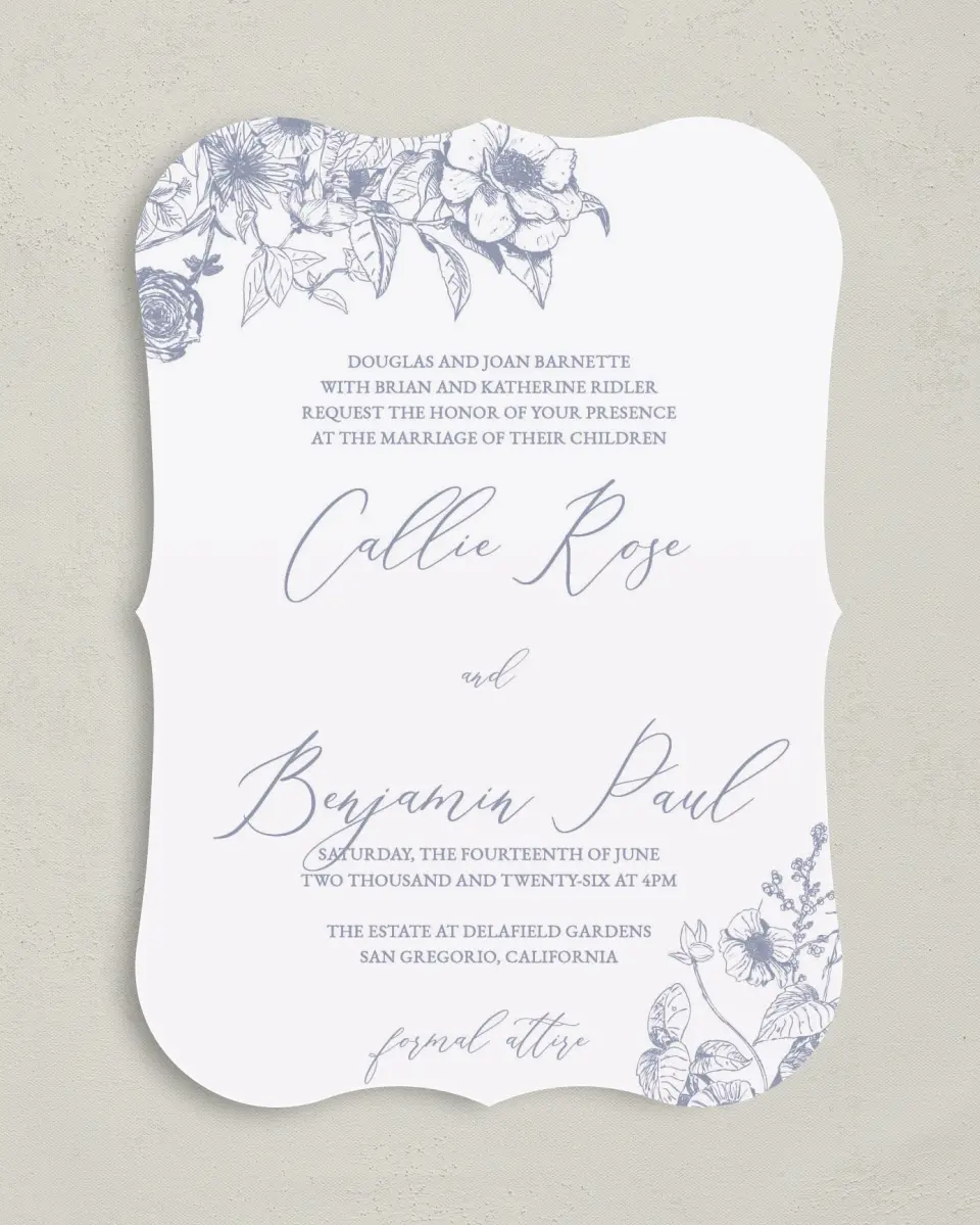 This is a 5" x 7" Bracket Wedding Invitation called Gentle Bouquet printed in full color on Premium Smooth paper