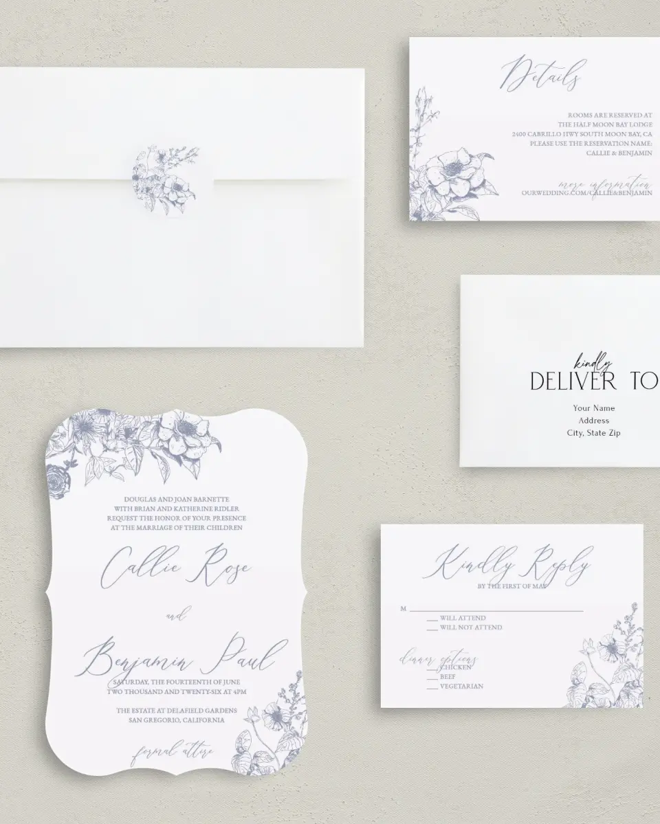 This is a 5" x 7" Bracket Wedding Invitation called Gentle Bouquet printed in full color with Silver foil on Luxe Satin (coated) paper