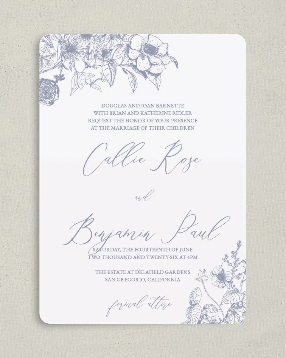 This is a 5" x 7" Rounded Wedding Invitation called Gentle Bouquet printed in full color on Premium Smooth paper