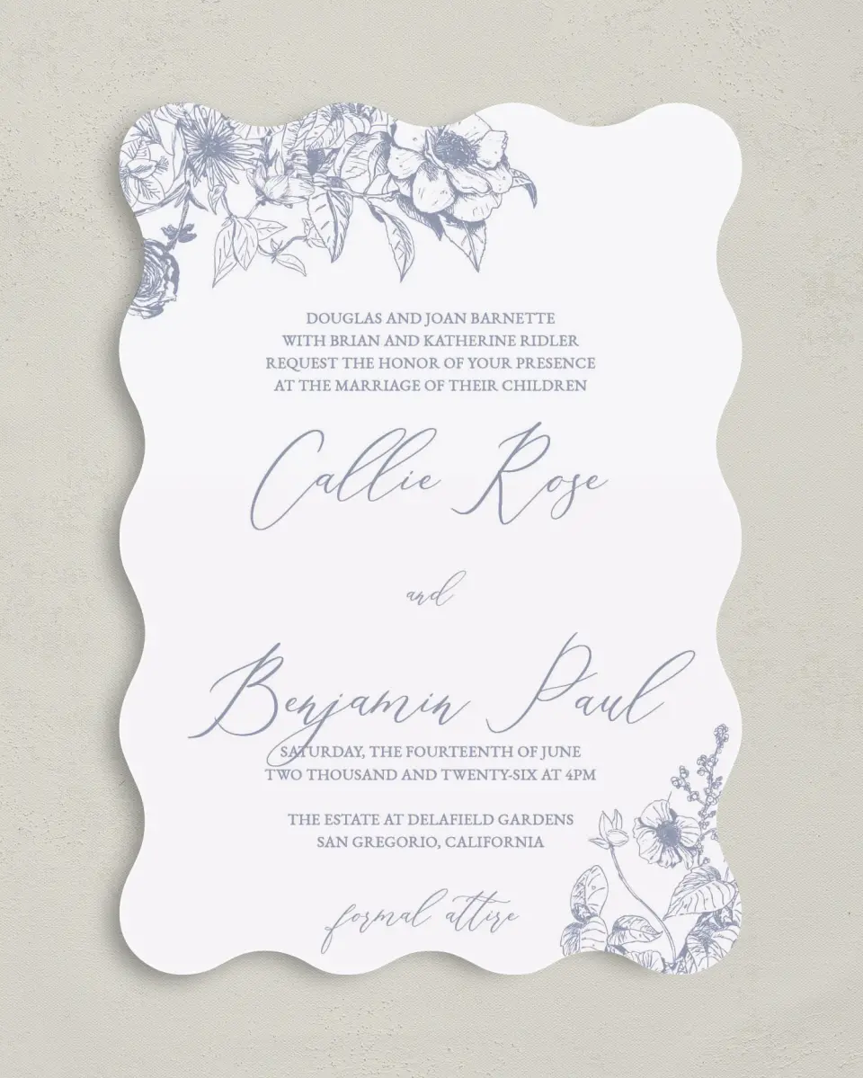 This is a 5" x 7" Wavy Wedding Invitation called Gentle Bouquet printed in full color on Premium Smooth paper