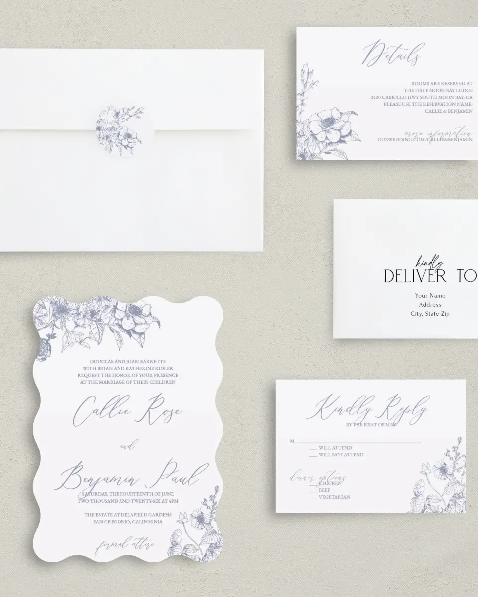This is a 5" x 7" Wavy Wedding Invitation called Gentle Bouquet printed in full color with Silver foil on Luxe Satin (coated) paper