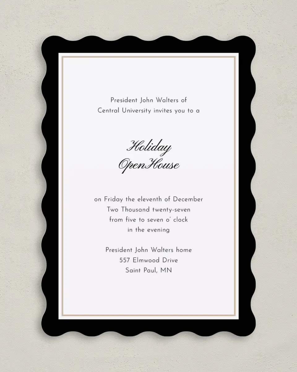 This is a 5" x 7" Wavy Gala Invitation called Scripted Holiday Event printed in full color