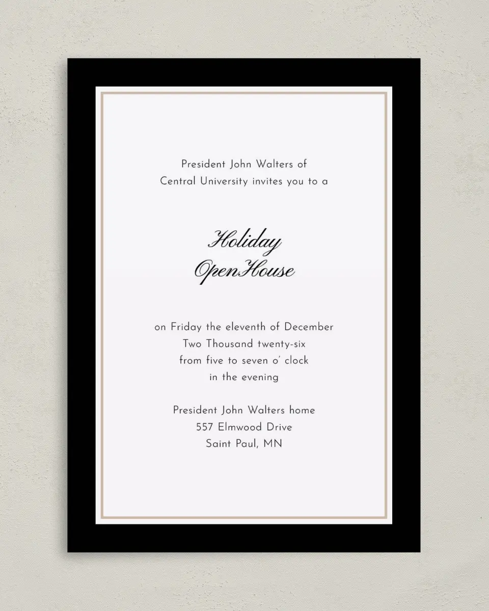This is a 5" x 7" Rectangle Gala Invitation called Scripted Holiday Event printed in full color on Premium Smooth paper
