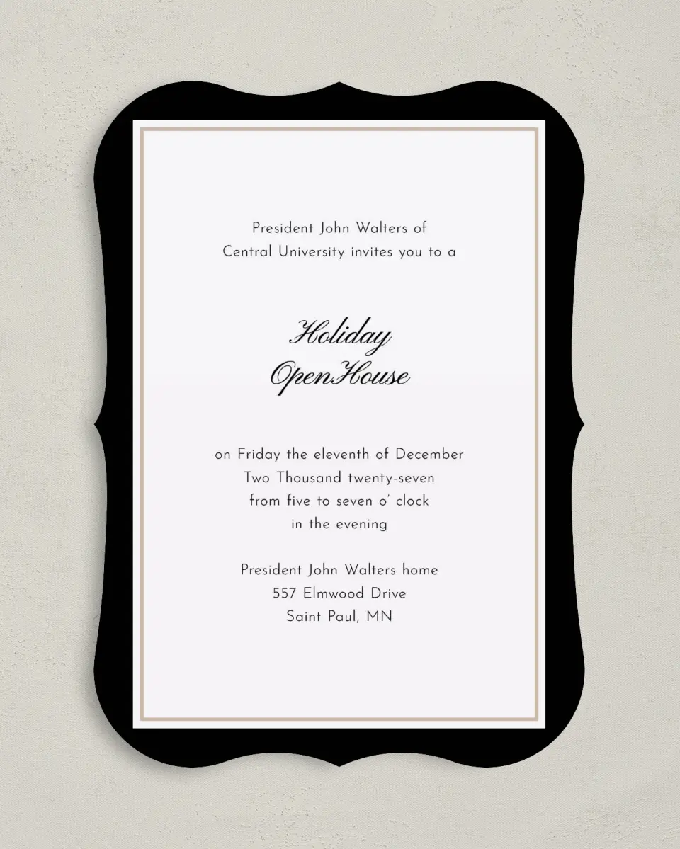 This is a 5" x 7" Bracket Gala Invitation called Scripted Holiday Event printed in full color on Premium Smooth paper