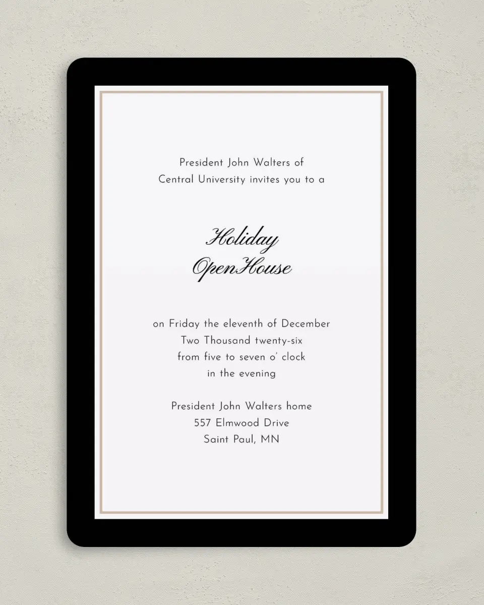 This is a 5" x 7" Rounded Gala Invitation called Scripted Holiday Event printed in full color on Premium Smooth paper