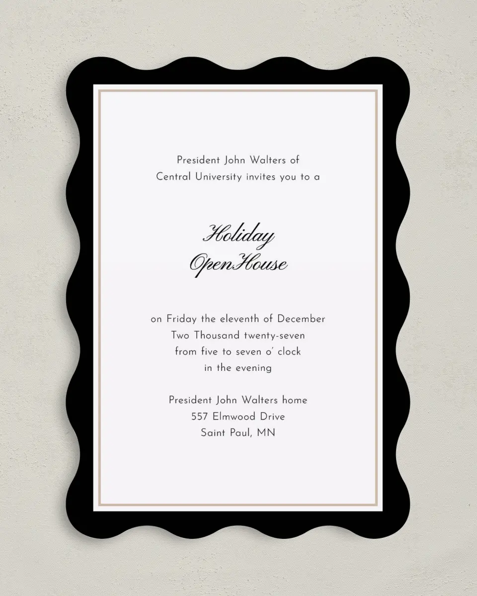 This is a 5" x 7" Wavy Gala Invitation called Scripted Holiday Event printed in full color