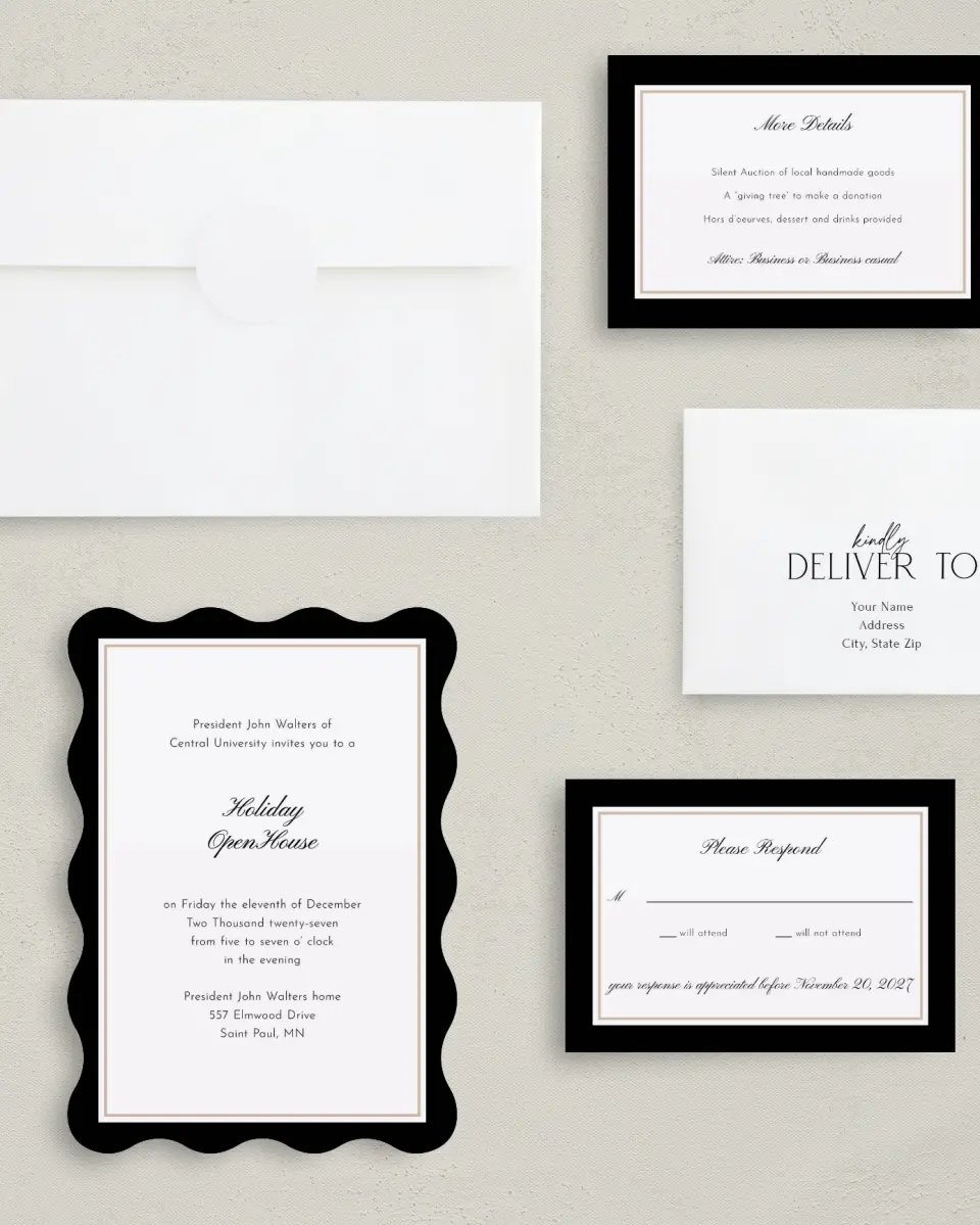 This is a 5" x 7" Wavy Gala Invitation called Scripted Holiday Event printed in full color with Gold foil on Luxe Satin (coated) paper