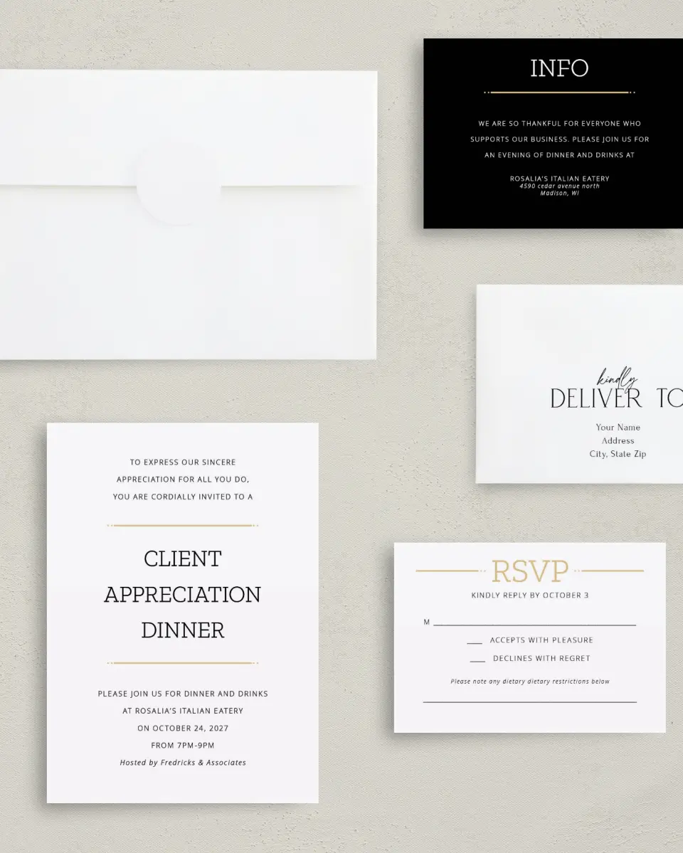This is a 5" x 7" Rectangle Gala Invitation called Much Appreciated printed in full color with Rose Gold foil on Luxe Satin (coated) paper