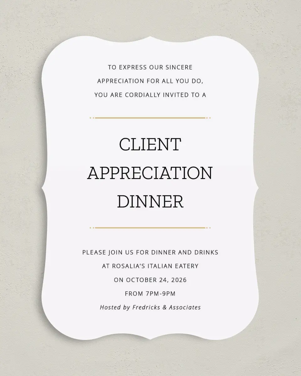 This is a 5" x 7" Bracket Gala Invitation called Much Appreciated printed in full color on Premium Smooth paper