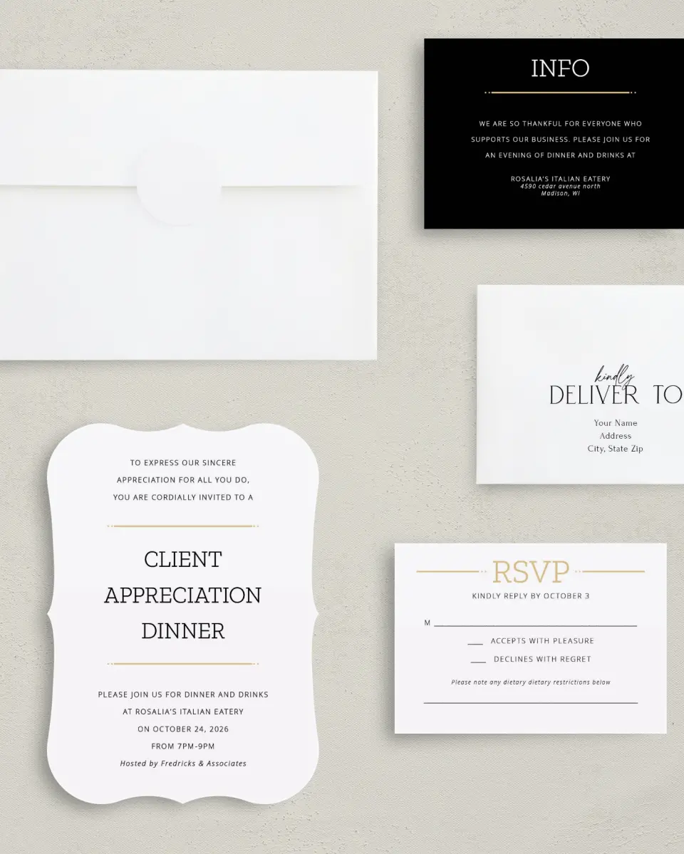 This is a 5" x 7" Bracket Gala Invitation called Much Appreciated printed in full color with Silver foil on Luxe Satin (coated) paper