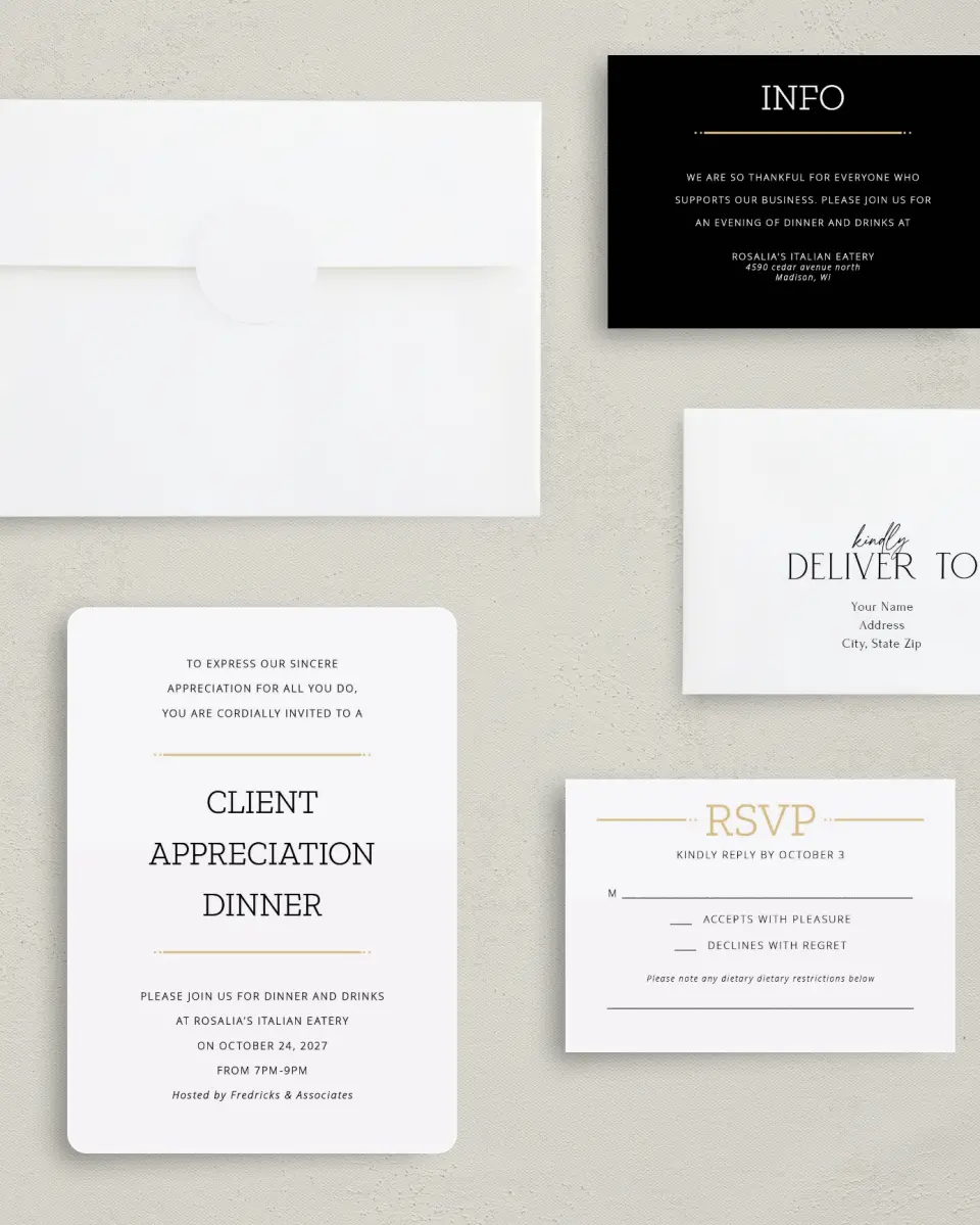 This is a 5" x 7" Rounded Gala Invitation called Much Appreciated printed in full color with Gold foil on Luxe Satin (coated) paper