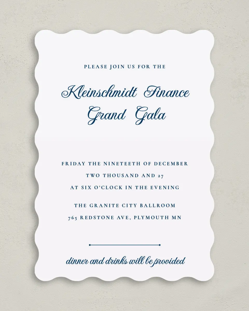 This is a 5" x 7" Wavy Gala Invitation called Grand Gala printed in full color