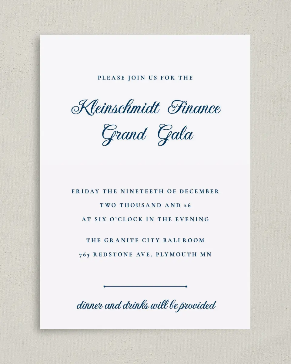 This is a 5" x 7" Rectangle Gala Invitation called Grand Gala printed in full color on Premium Smooth paper