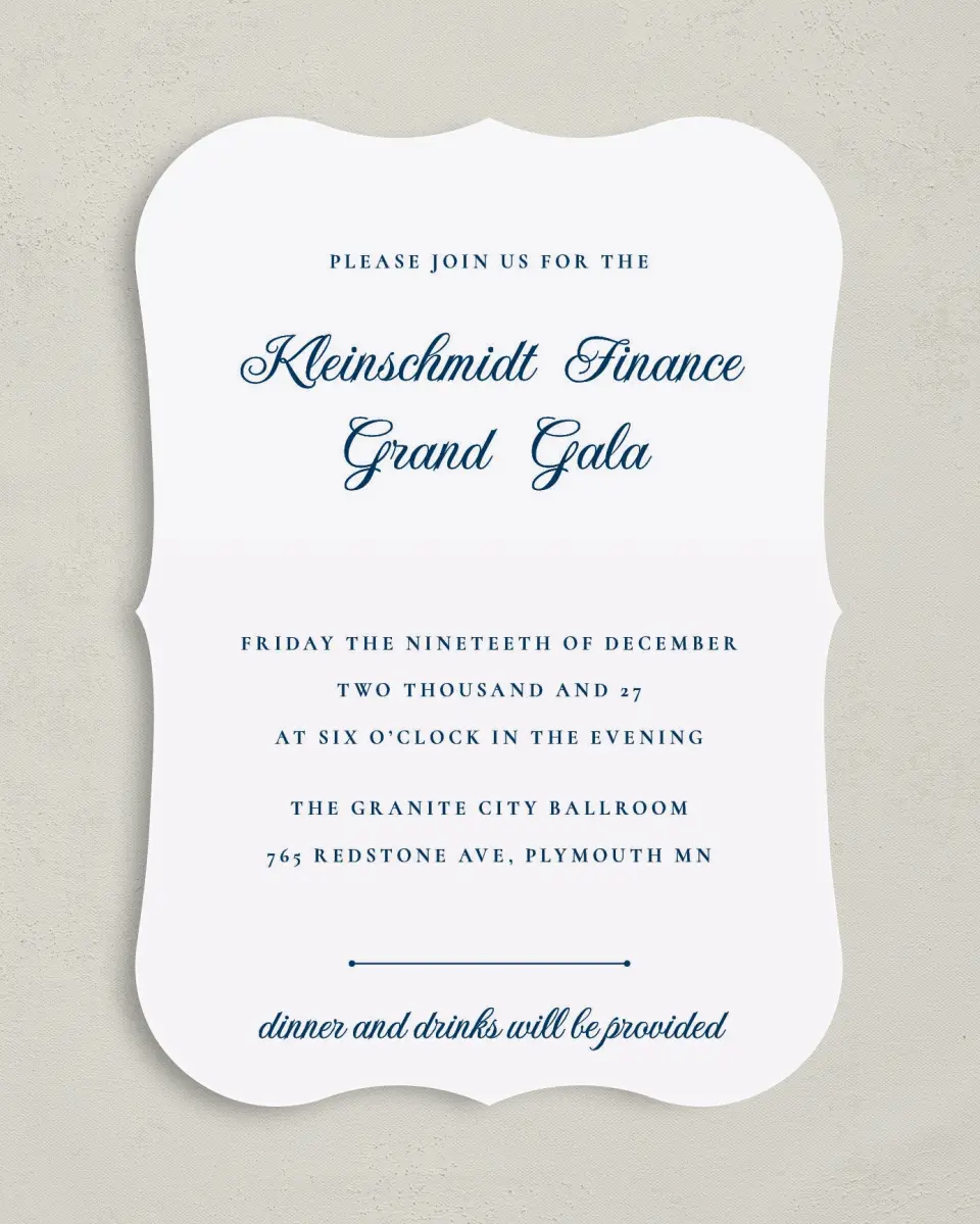 This is a 5" x 7" Bracket Gala Invitation called Grand Gala printed in full color on Premium Smooth paper