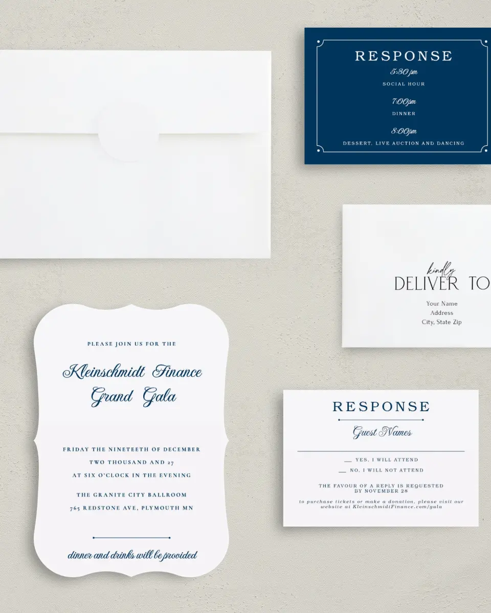 This is a 5" x 7" Bracket Gala Invitation called Grand Gala printed in full color with Silver foil on Luxe Satin (coated) paper
