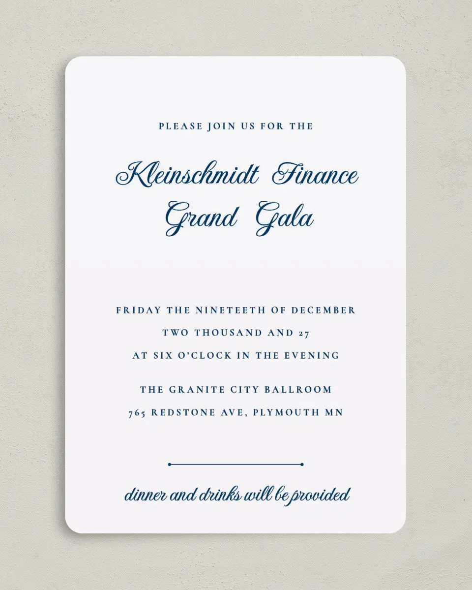 This is a 5" x 7" Rounded Gala Invitation called Grand Gala printed in full color on Premium Smooth paper