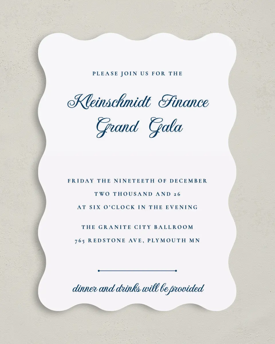 This is a 5" x 7" Wavy Gala Invitation called Grand Gala printed in full color