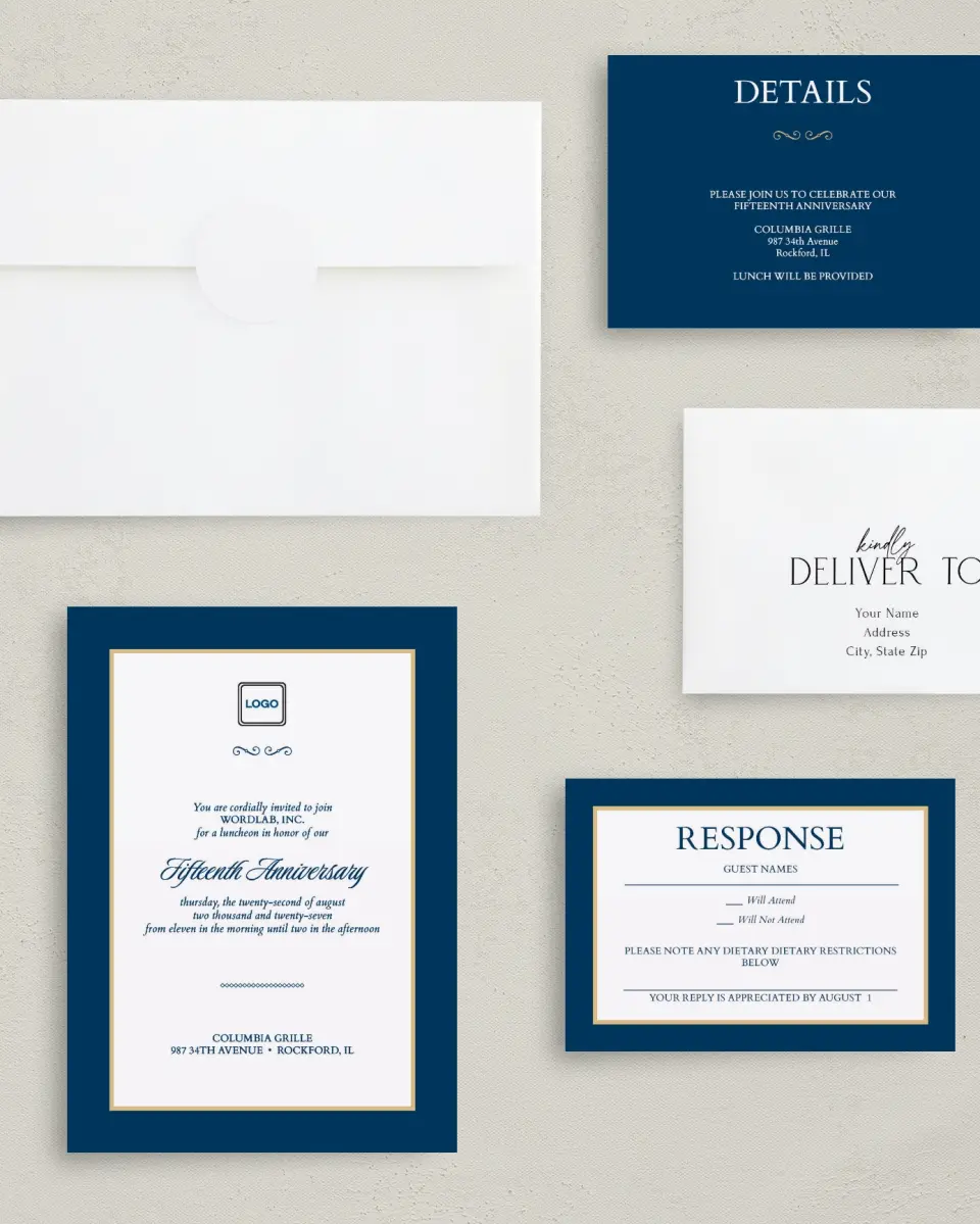 This is a 5" x 7" Rectangle Gala Invitation called Corporate Milestone printed in full color with Rose Gold foil on Luxe Satin (coated) paper