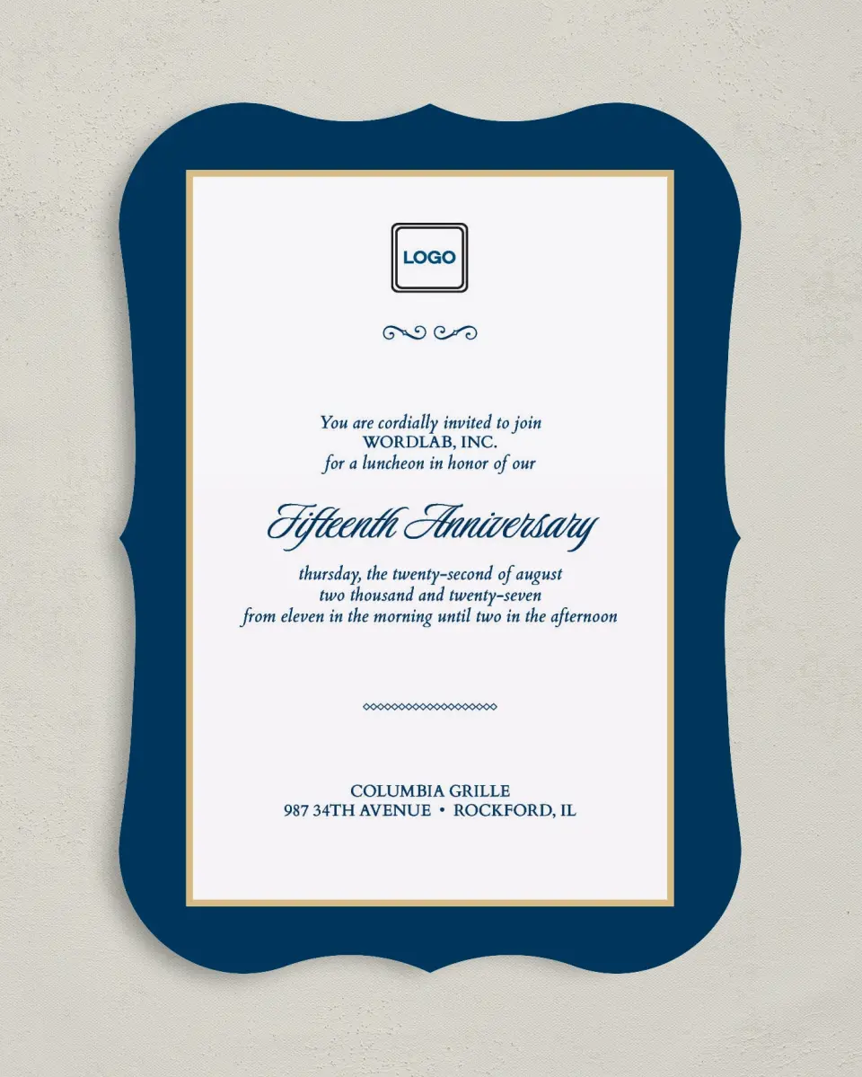 This is a 5" x 7" Bracket Gala Invitation called Corporate Milestone printed in full color on Premium Smooth paper