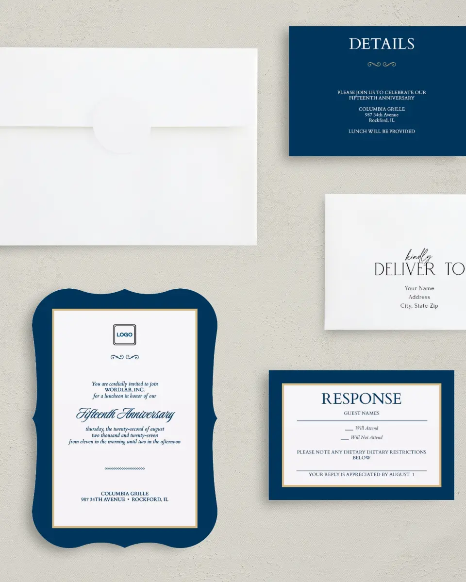 This is a 5" x 7" Bracket Gala Invitation called Corporate Milestone printed in full color with Silver foil on Luxe Satin (coated) paper
