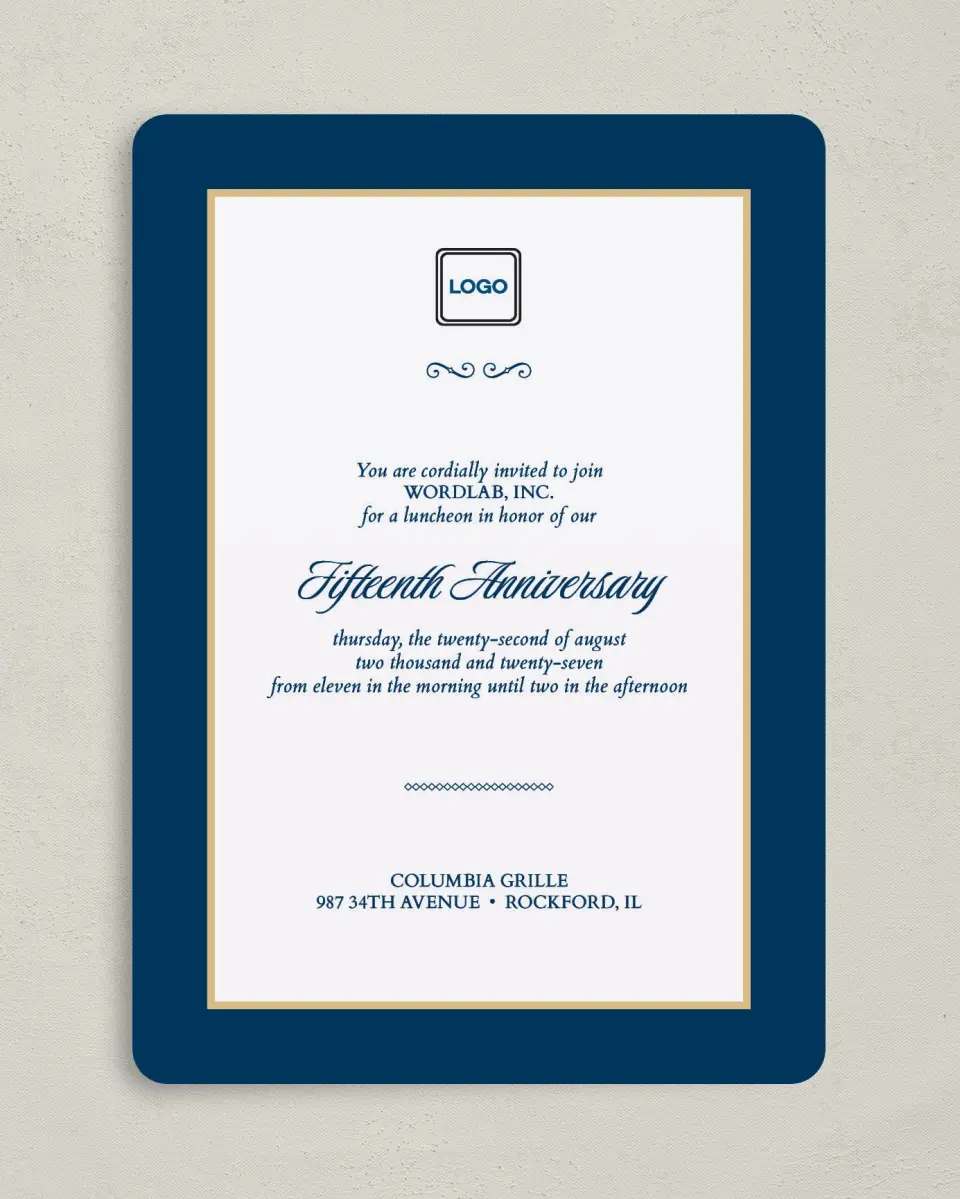 This is a 5" x 7" Rounded Gala Invitation called Corporate Milestone printed in full color on Premium Smooth paper