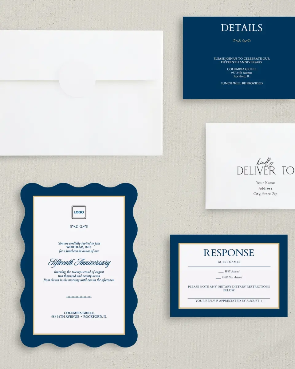 This is a 5" x 7" Wavy Gala Invitation called Corporate Milestone printed in full color with Gold foil on Luxe Satin (coated) paper