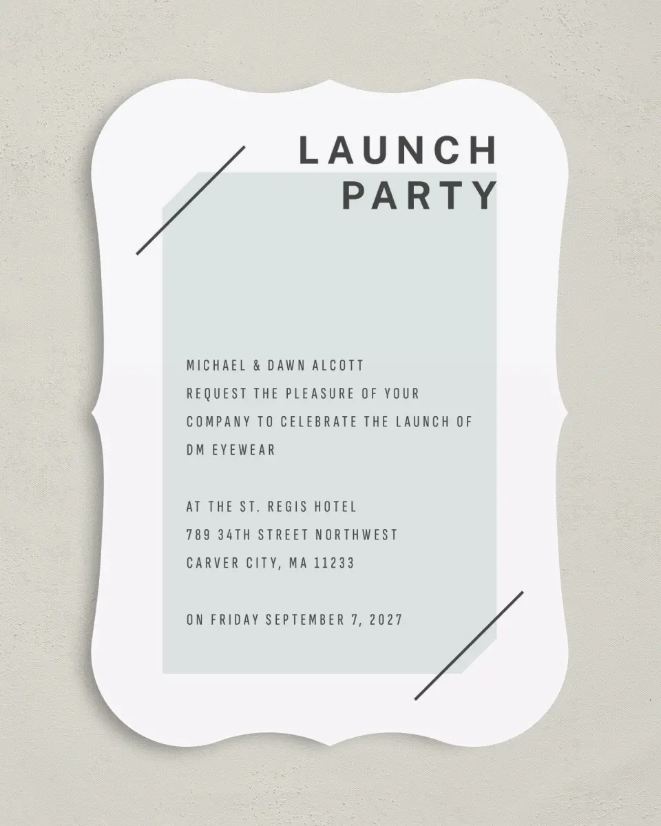 This is a 5" x 7" Bracket Gala Invitation called On the Scene printed in full color on Premium Smooth paper