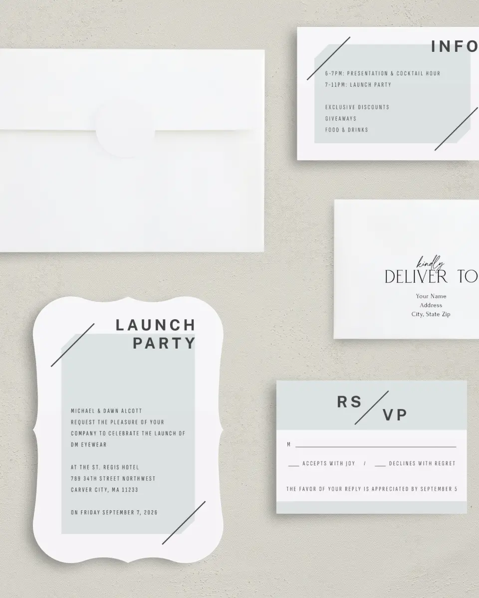 This is a 5" x 7" Bracket Gala Invitation called On the Scene printed in full color with Silver foil on Luxe Satin (coated) paper