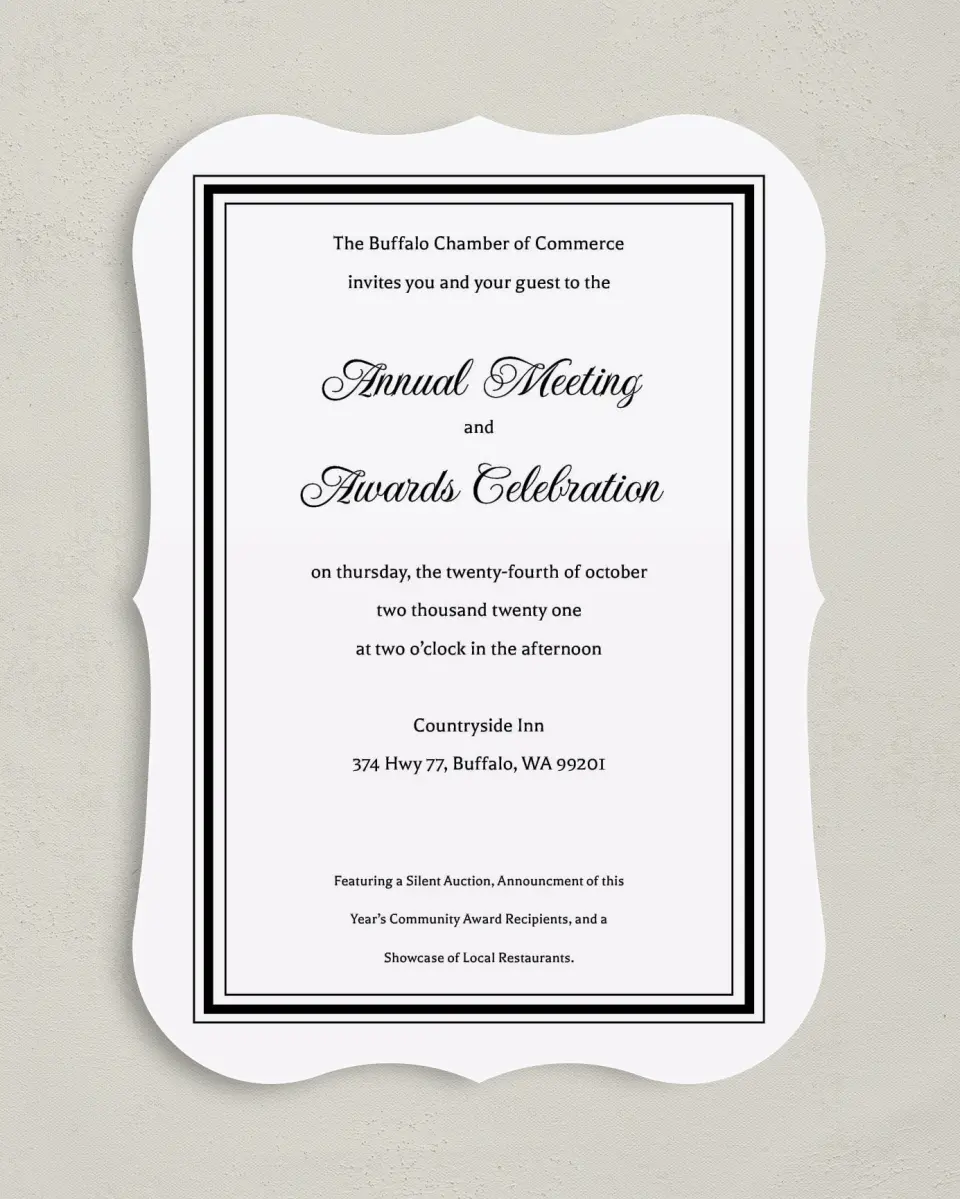 This is a 5" x 7" Bracket Gala Invitation called Formally Framed printed in full color on Premium Smooth paper