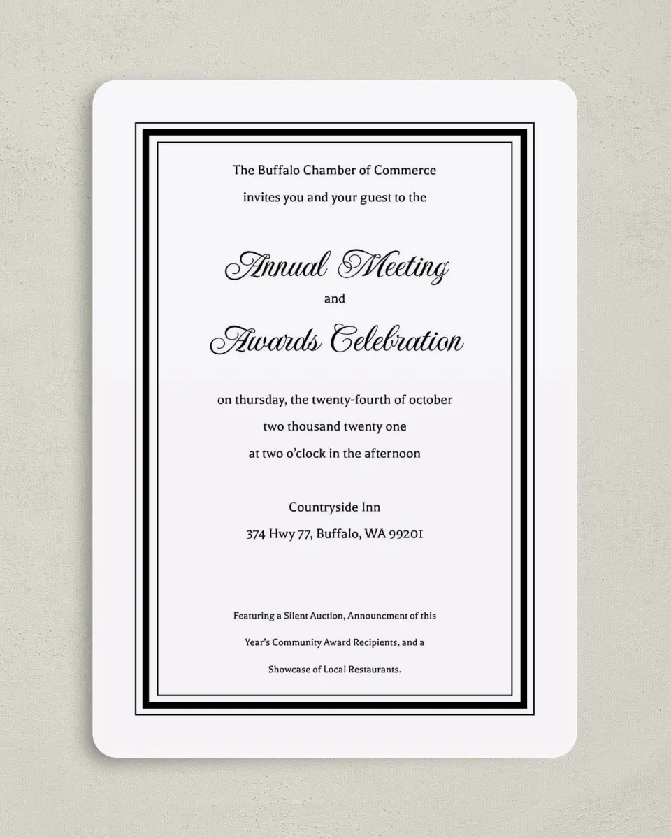 This is a 5" x 7" Rounded Gala Invitation called Formally Framed printed in full color on Premium Smooth paper