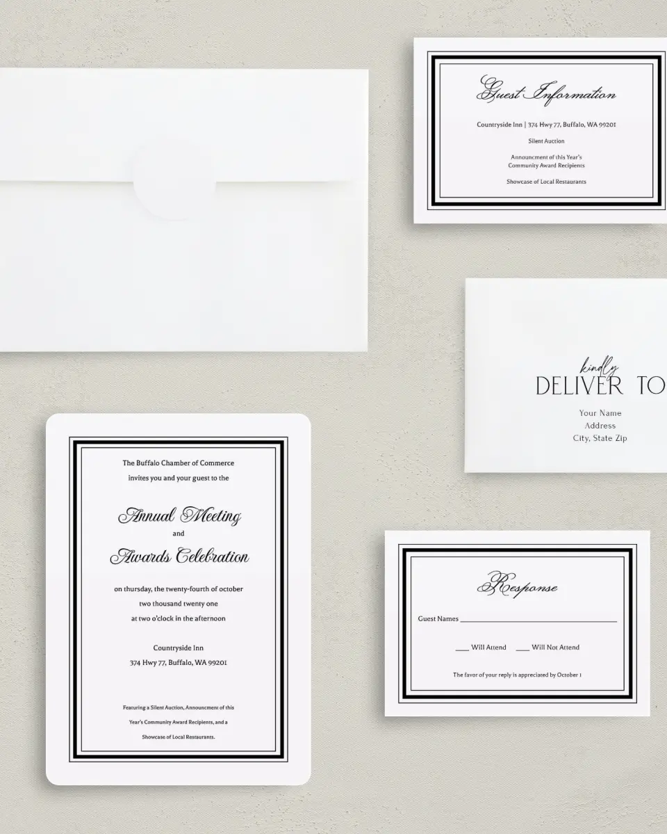 This is a 5" x 7" Rounded Gala Invitation called Formally Framed printed in full color with Gold foil on Luxe Satin (coated) paper