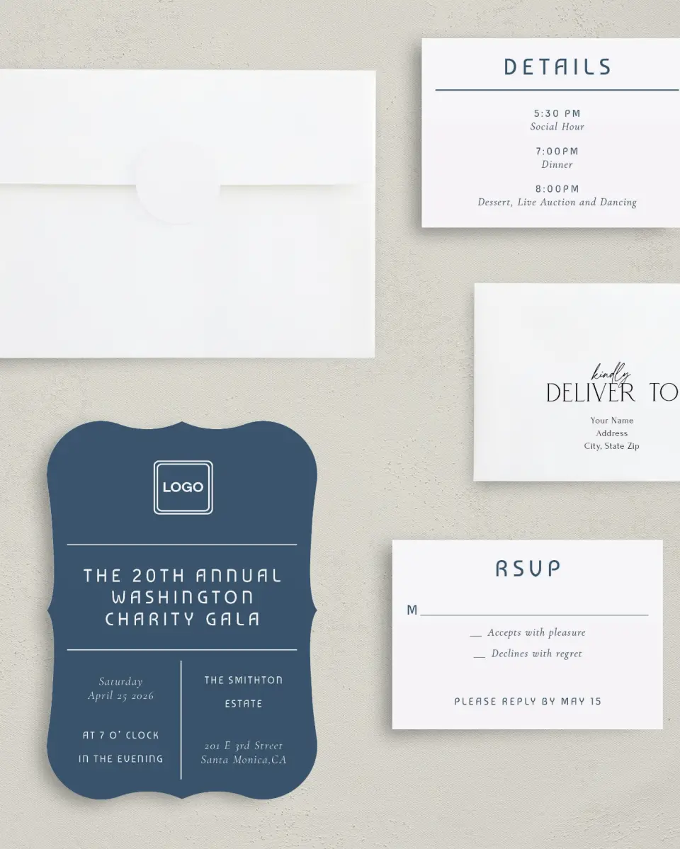 This is a 5" x 7" Bracket Gala Invitation called Gracious Gala printed in full color with Silver foil on Luxe Satin (coated) paper